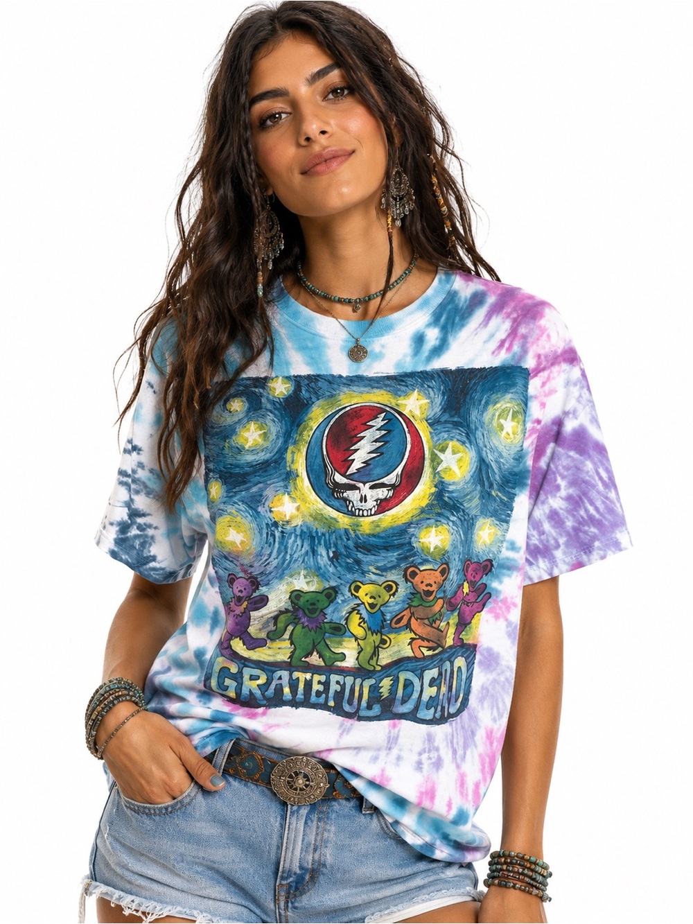Grateful Dead Starry Night Tie Dye T Shirt Liquid Blue Stealie Dancing Bears